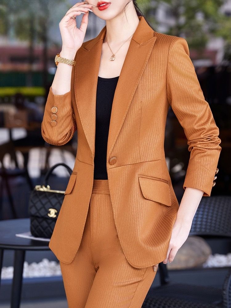 西裝外套女艾瑪橙立體條紋高級感炸街西服正裝兩件套高端職業套裝