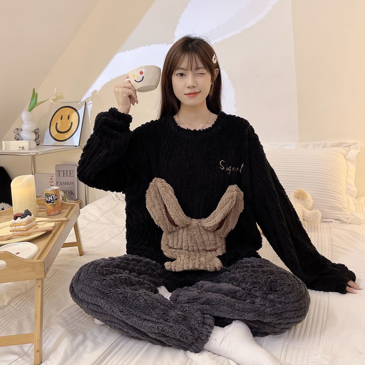 睡衣女秋冬季新款加絨加厚珊瑚絨韓版可愛保暖卡通學生家居服套裝