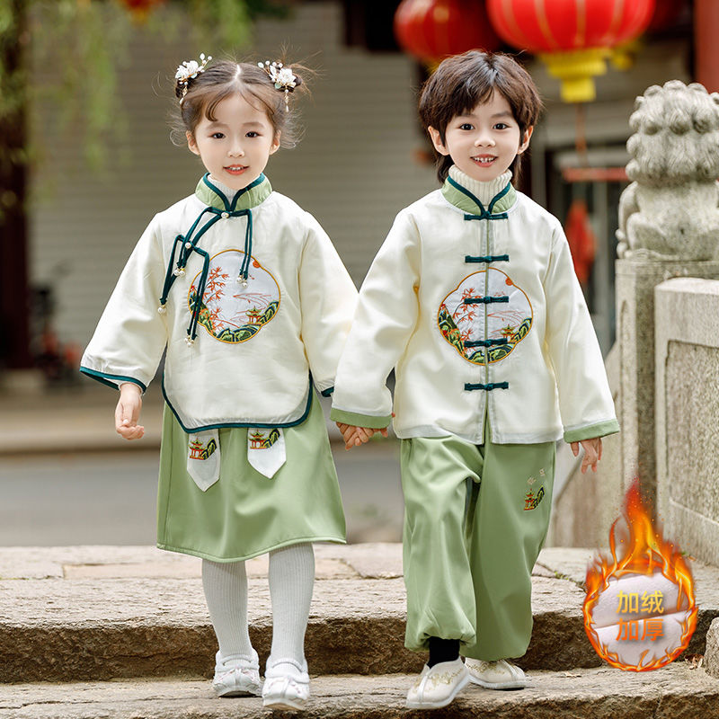 男女童冬季加绒汉服复古中国风幼儿园表演服元旦唐装演出服兄妹装