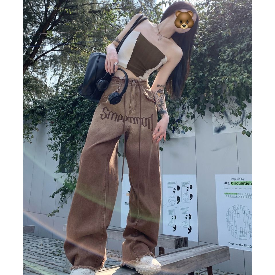 直筒牛仔褲女秋季美式復古漸變色抽繩ins潮毛邊高腰闊腿褲子長褲