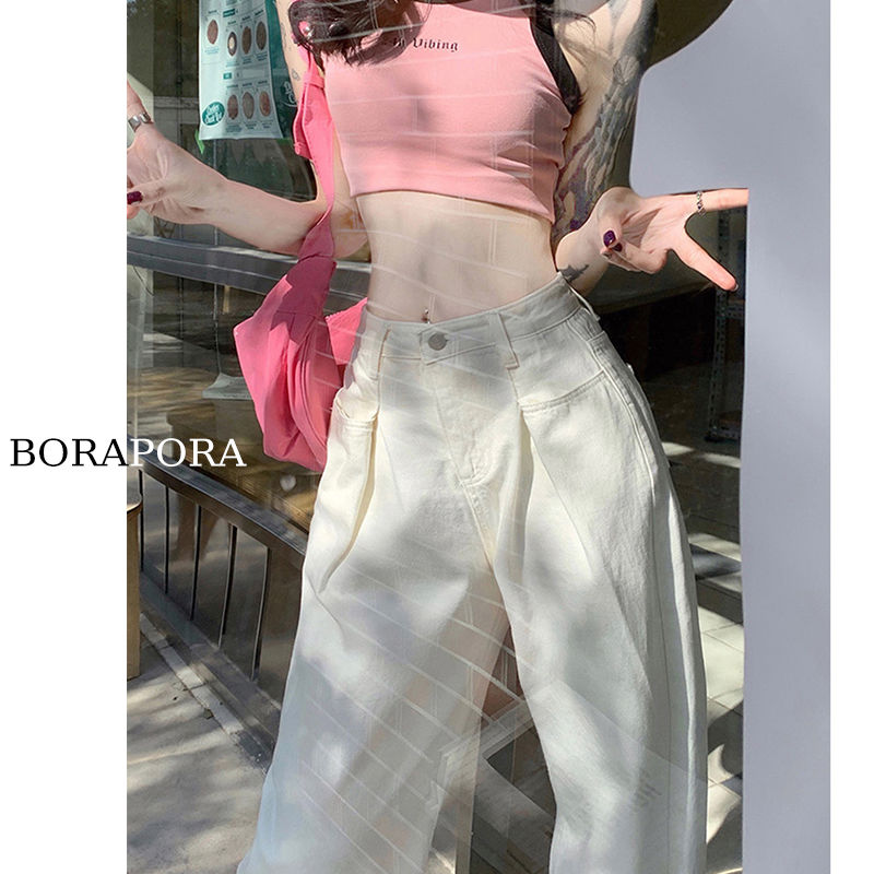 白色高腰闊腿牛仔褲女2023秋季新款高腰顯瘦小個子直筒垂感拖地褲