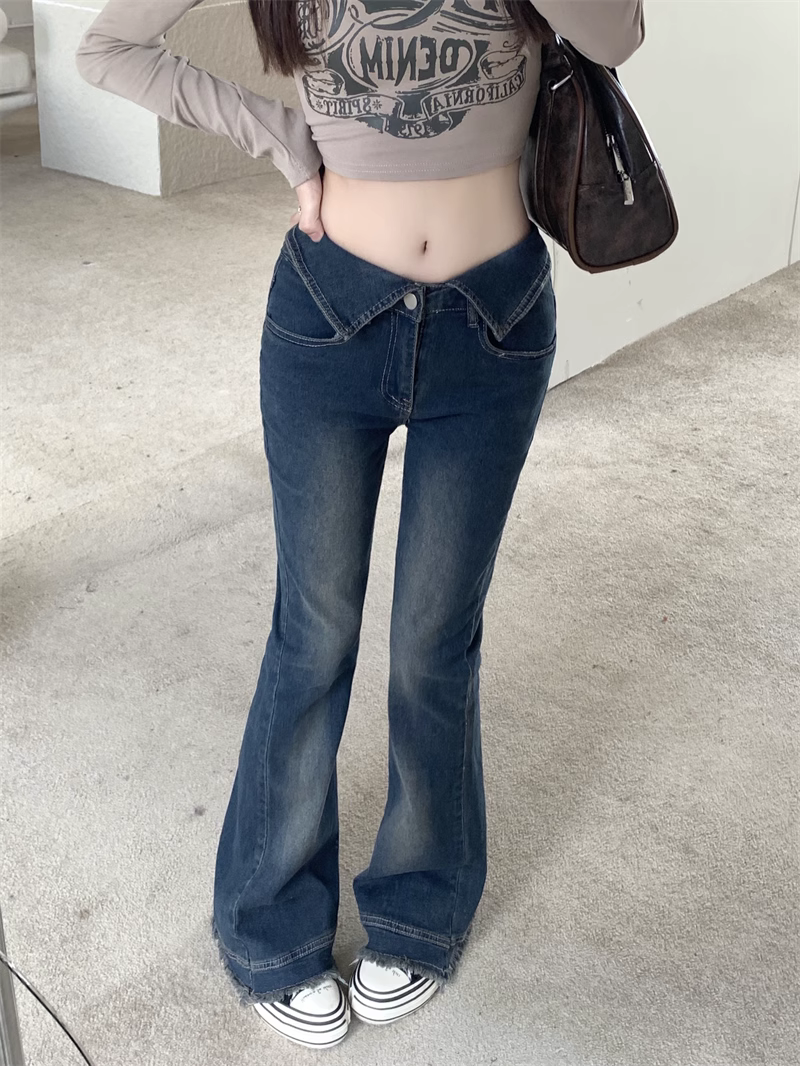 辣妹復古翻邊牛仔褲女秋冬新款小個子修身提臀微喇叭褲拖地馬蹄褲