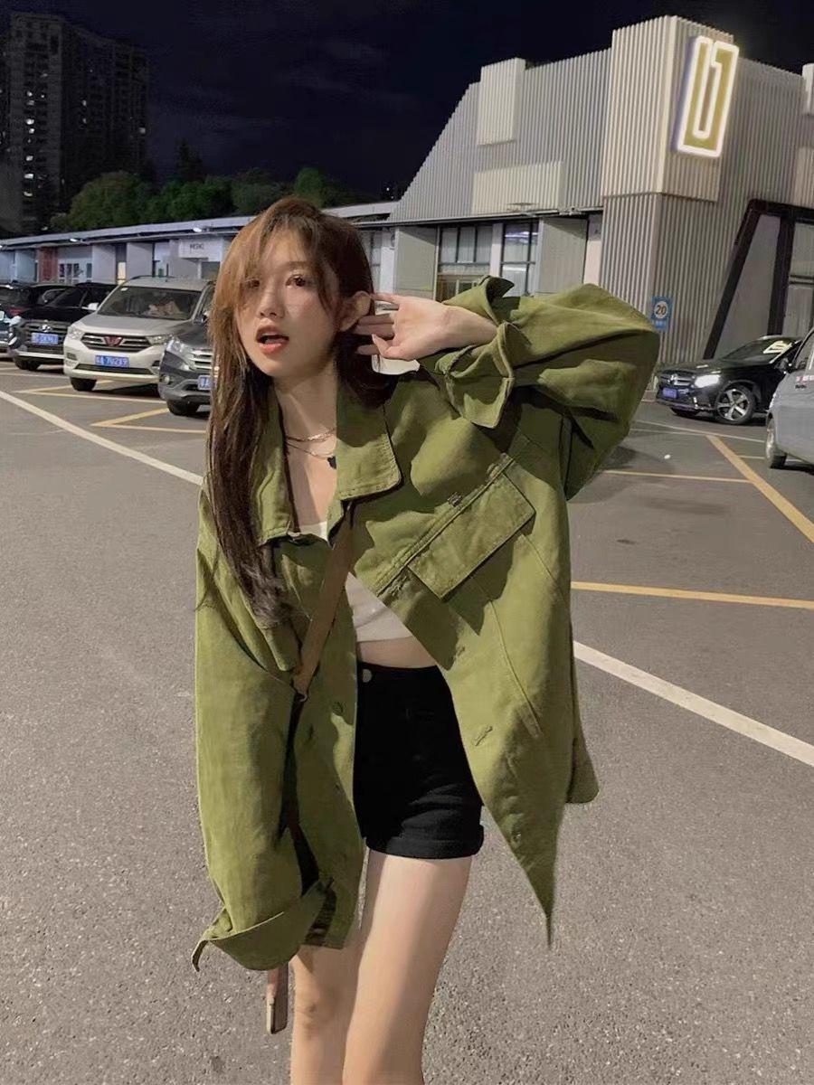 Large size lazy style green denim jacket women's spring autumn winter jacket retro loose Polo collar long-sleeved cardigan top