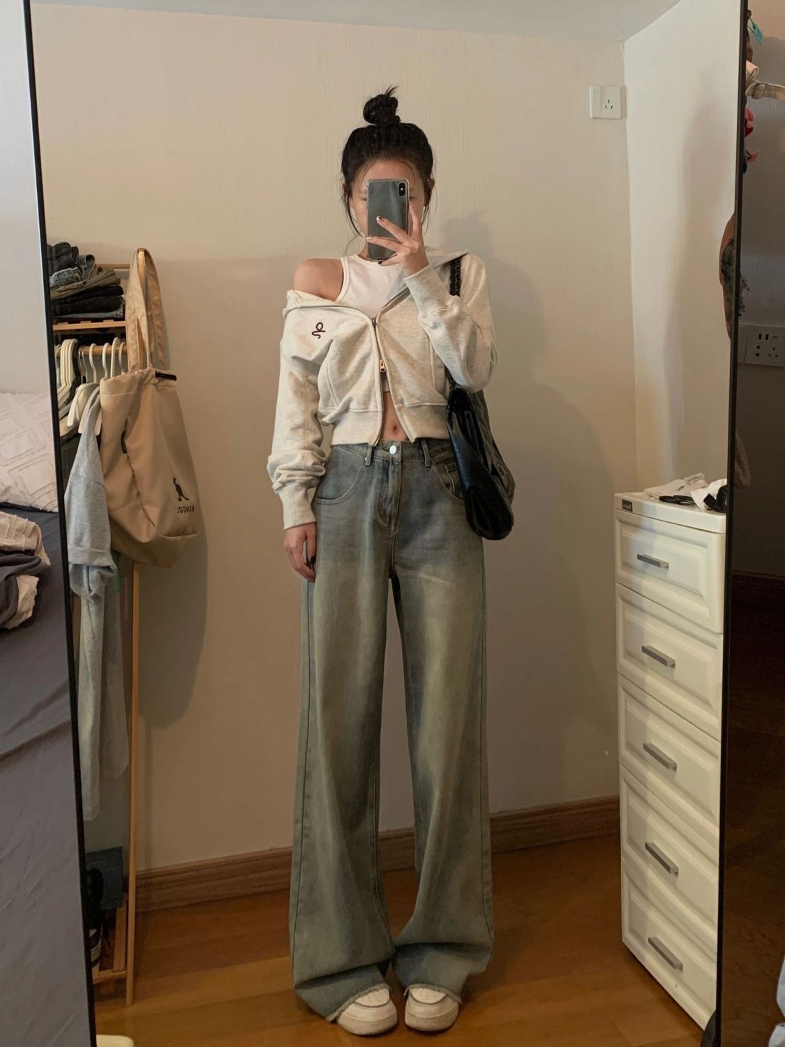 港風復古水洗做舊牛仔褲女秋季寬鬆闊腿褲慵懶休閒高腰百搭直筒褲