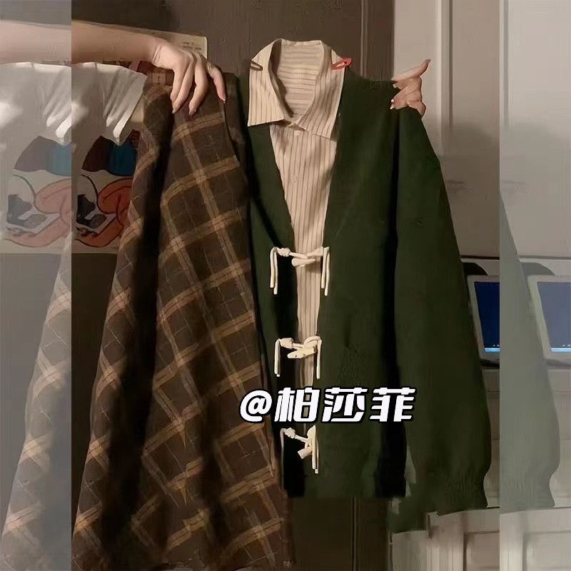 秋冬裝搭配一整套女2023新款時尚學院風開衫毛衣襯衫裙子三件套裝