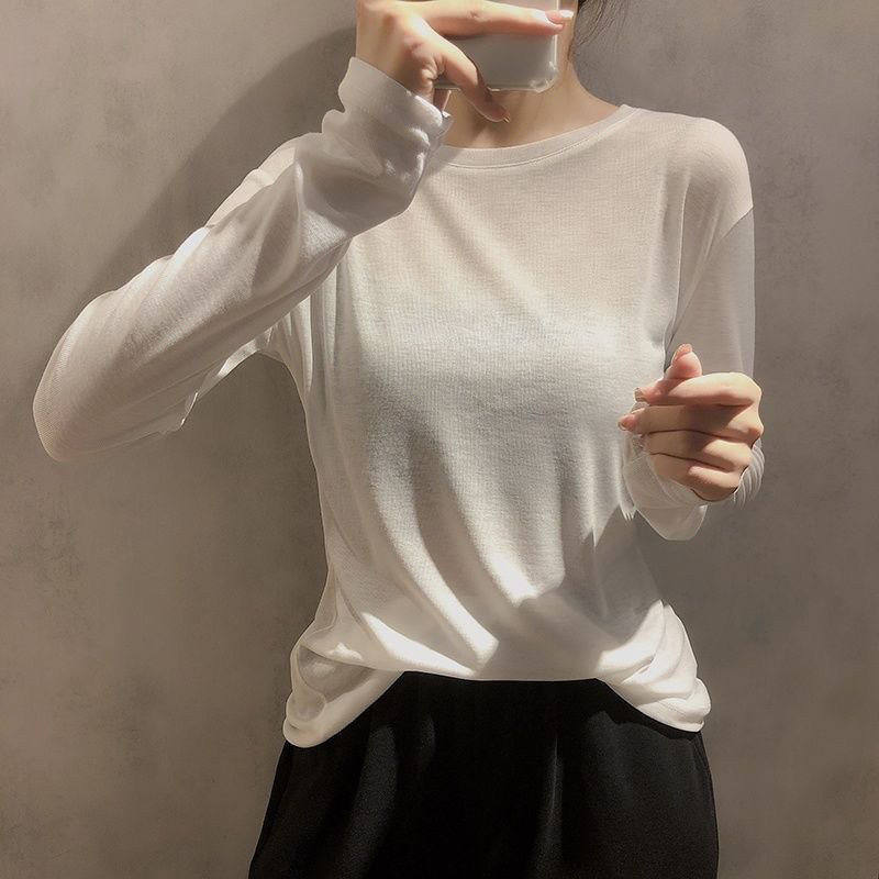 韩国长袖T恤女装2023夏季新款纯色圆领打底衫ins宽松显瘦