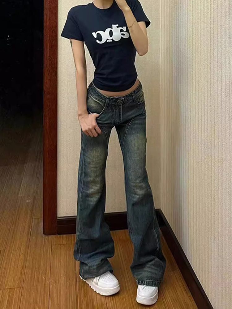美式復古辣妹低腰牛仔褲女秋冬新款寬鬆闊腿顯瘦微喇直筒拖地褲子