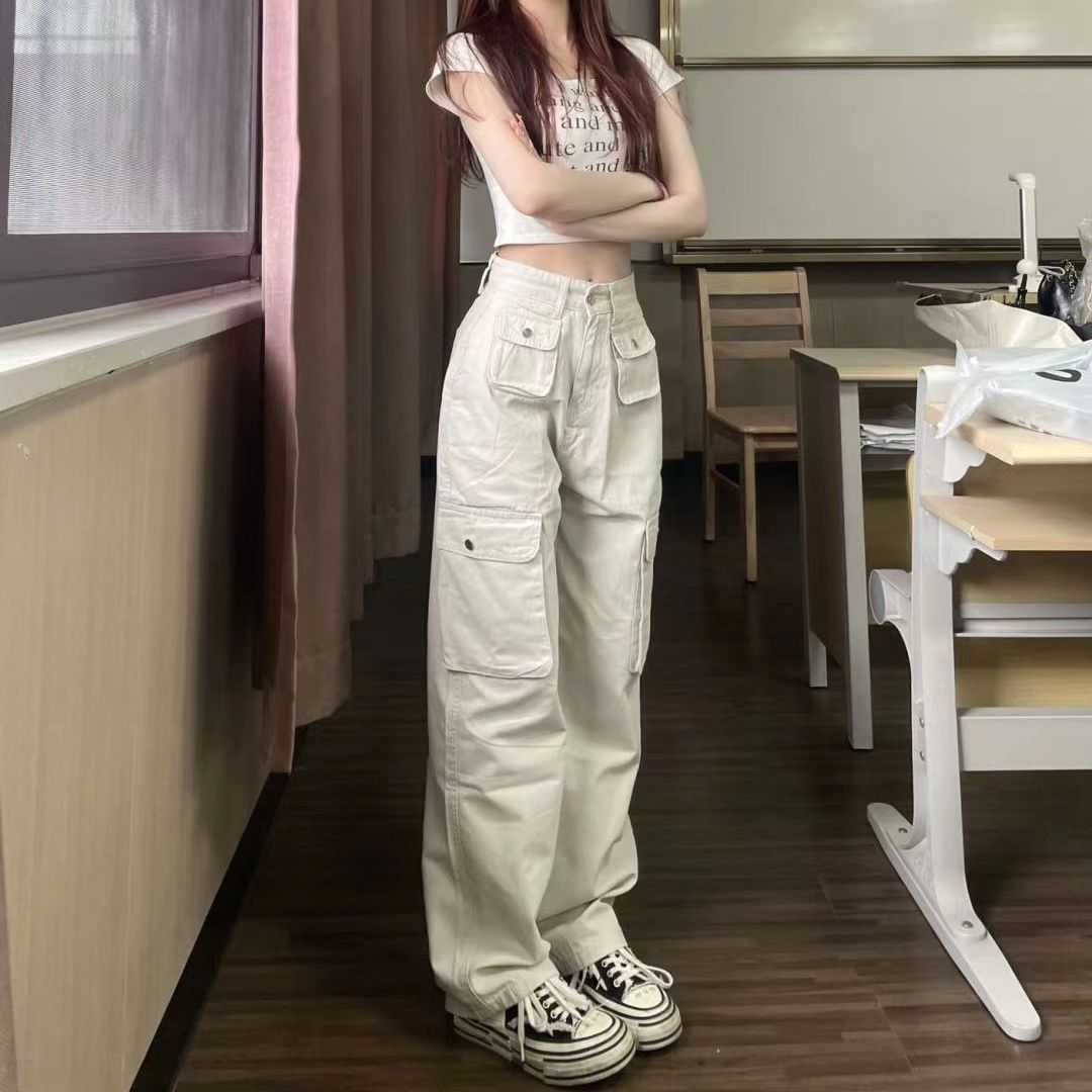 美式復古沙白色工裝牛仔褲女高腰寬鬆休閒設計感小眾闊腿拖地褲子