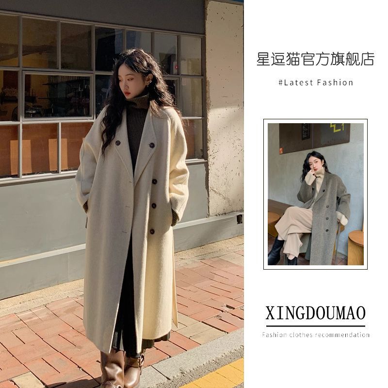 毛呢外套女2023秋冬新款學院風任小藝韓系穿搭寬鬆長款雙面尼大衣