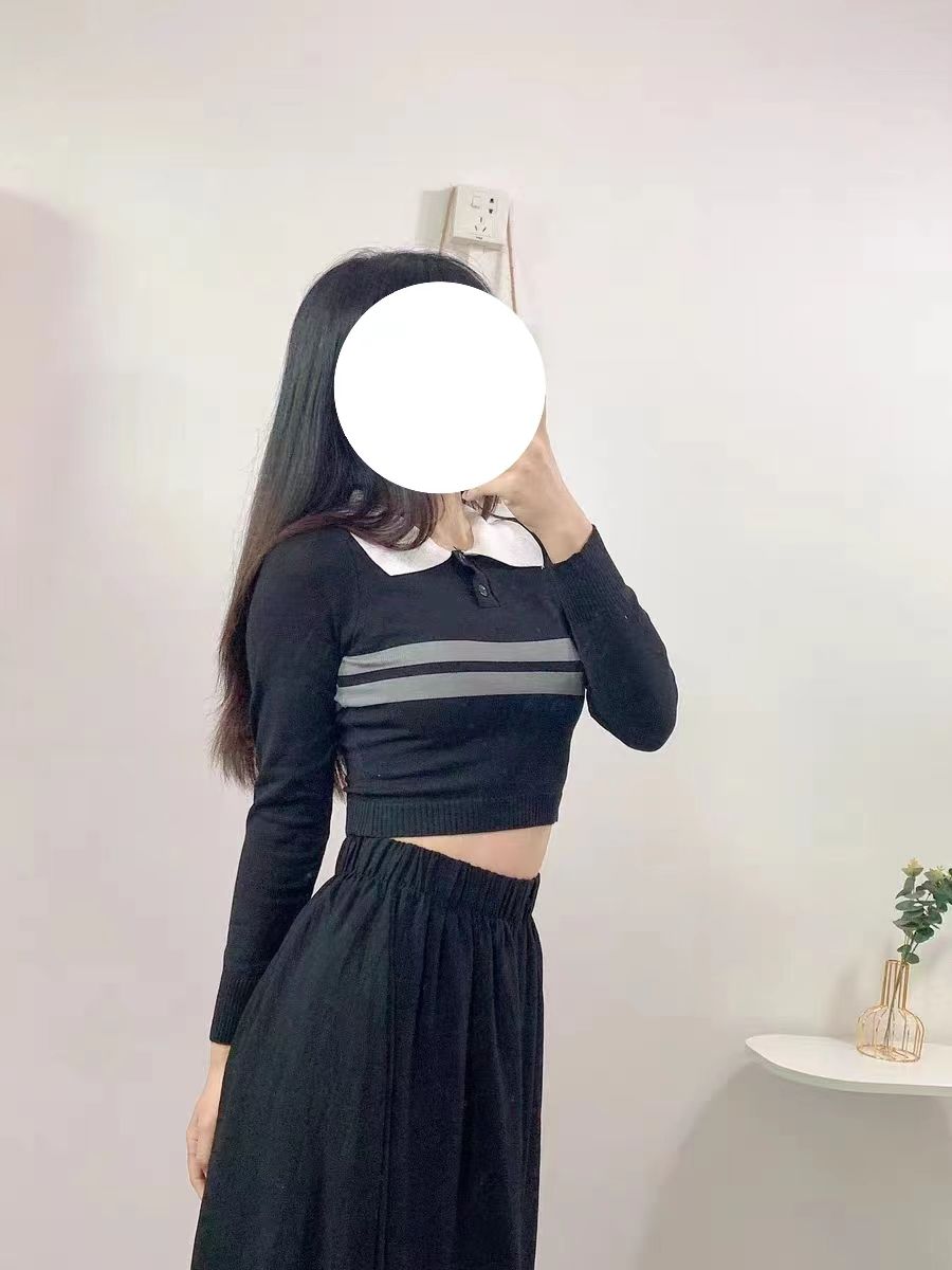 美拉德風條紋長袖polo領針織衫女秋季高級感氣質修身顯瘦短款上衣