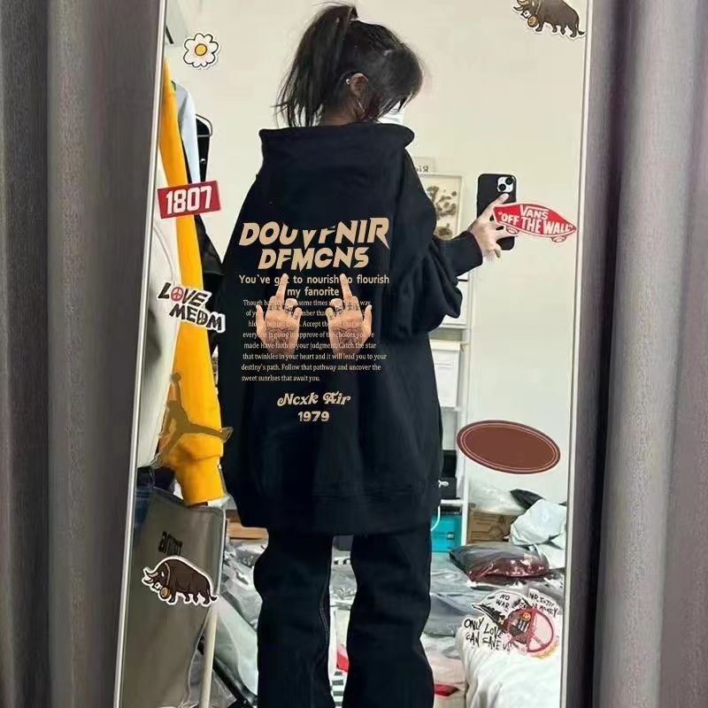 美式復古國潮牌oversize連帽衛衣女春秋冬寬鬆加絨vintage上衣外