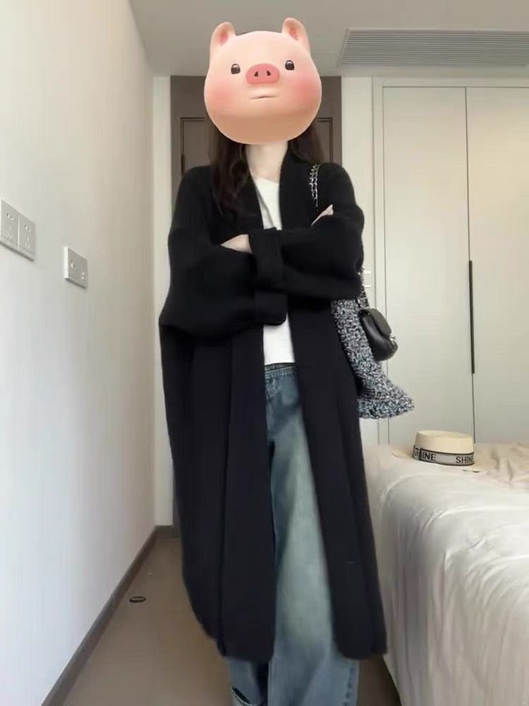 PROMONE 黑色寬鬆慵懶風毛衣外套女2023秋冬長款針織開衫上衣