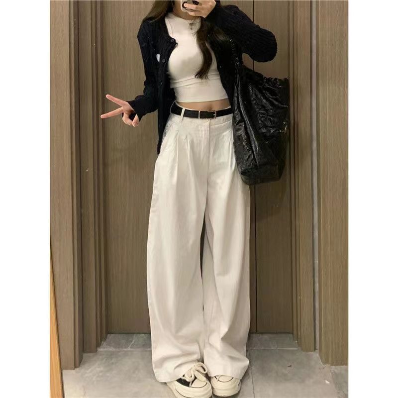 White wide-leg jeans for women in autumn new style pleated straight floor-length pants high-waisted loose slimming trousers