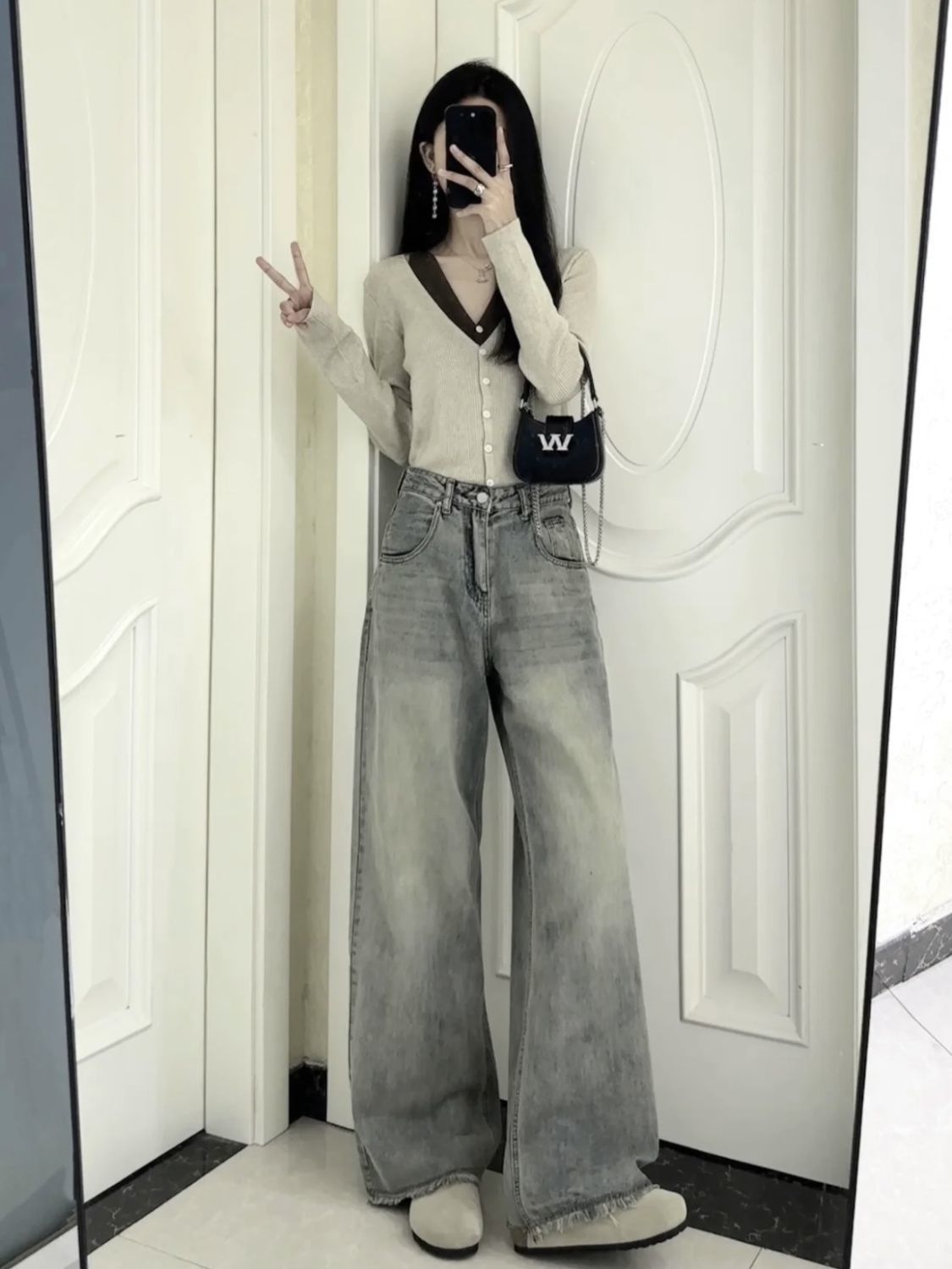 復古水洗毛邊牛仔褲女2023秋季新款小眾高腰直筒闊腿拖地褲子ins
