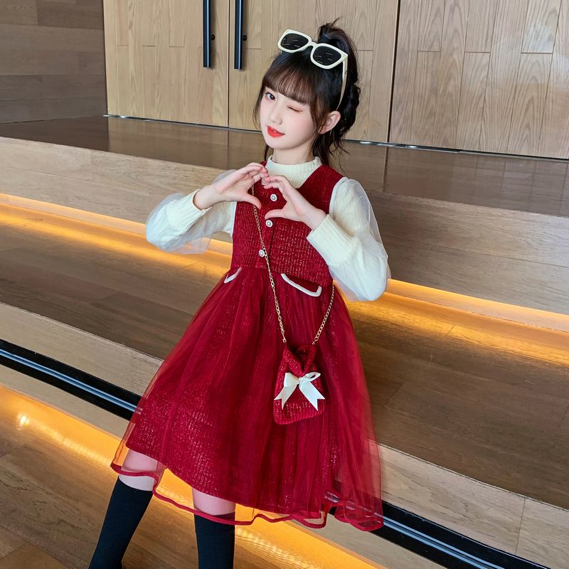 女童連衣裙秋冬裝2023新款洋氣中國風公主裙寶寶背心裙年服兩件套