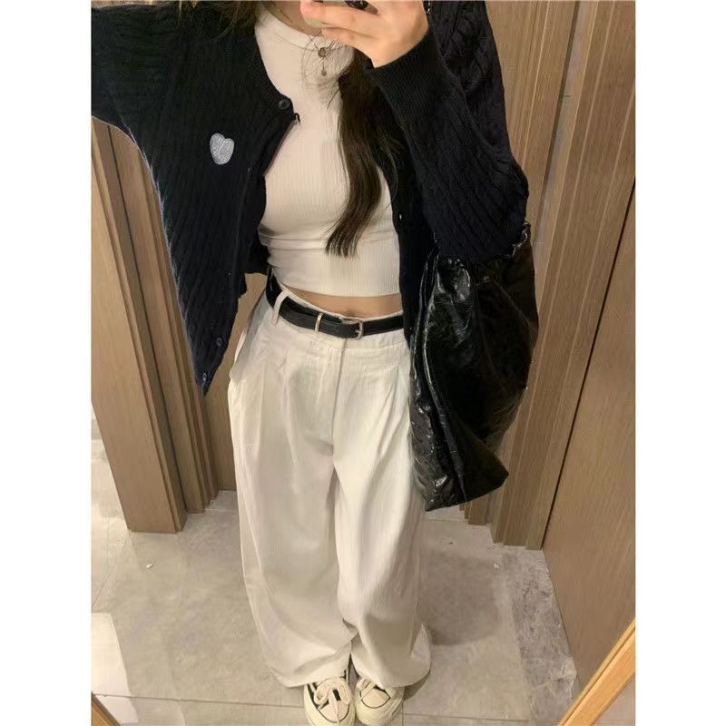 White wide-leg jeans for women in autumn new style pleated straight floor-length pants high-waisted loose slimming trousers