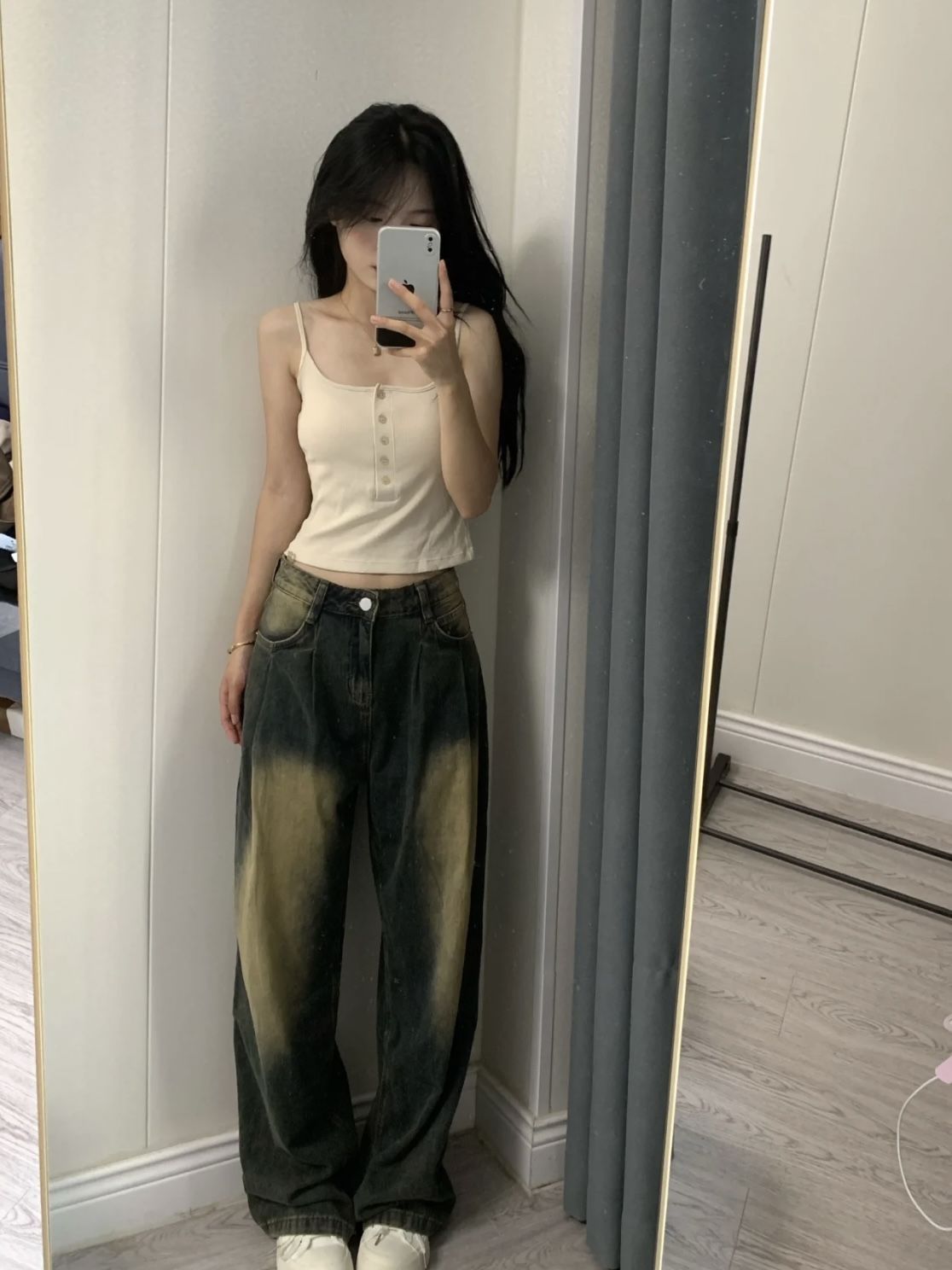 做舊工藝復古漸變牛仔褲女2023秋冬新款寬鬆顯瘦高腰小眾闊腿長褲