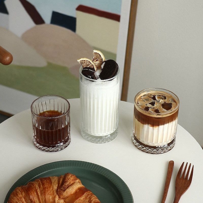 新款风咖啡馆美式拿铁冰咖啡杯冷萃摩卡古典复古家用条纹玻璃杯子