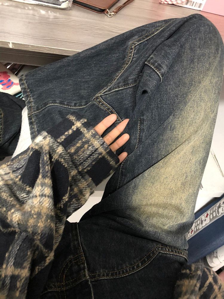 美式復古高腰牛仔褲女秋冬小眾設計感拼接寬鬆微喇闊腿拖地長褲子