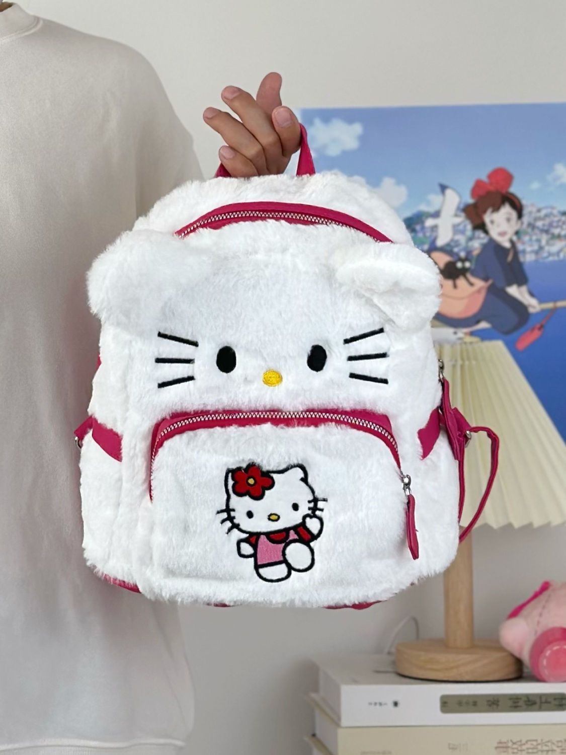 卡通可愛毛絨三麗鷗雙肩背包KT貓書包學生hellokitty布丁狗手提包