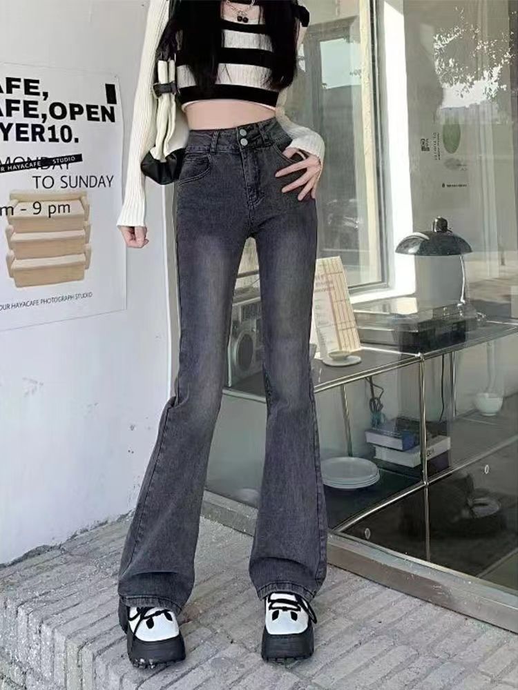 美式復古黑灰色喇叭褲微喇牛仔褲女雙扣彈力高腰修身顯瘦拖地褲