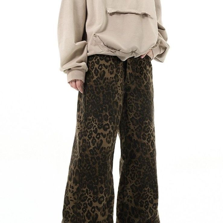 Original new American retro leopard print jeans straight loose loose men's vintage jeans