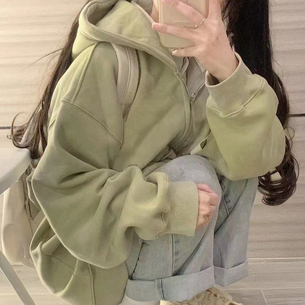 超顯白奶綠色連帽衛衣女寬鬆休閒顯瘦秋冬加絨加厚外套長袖上衣服
