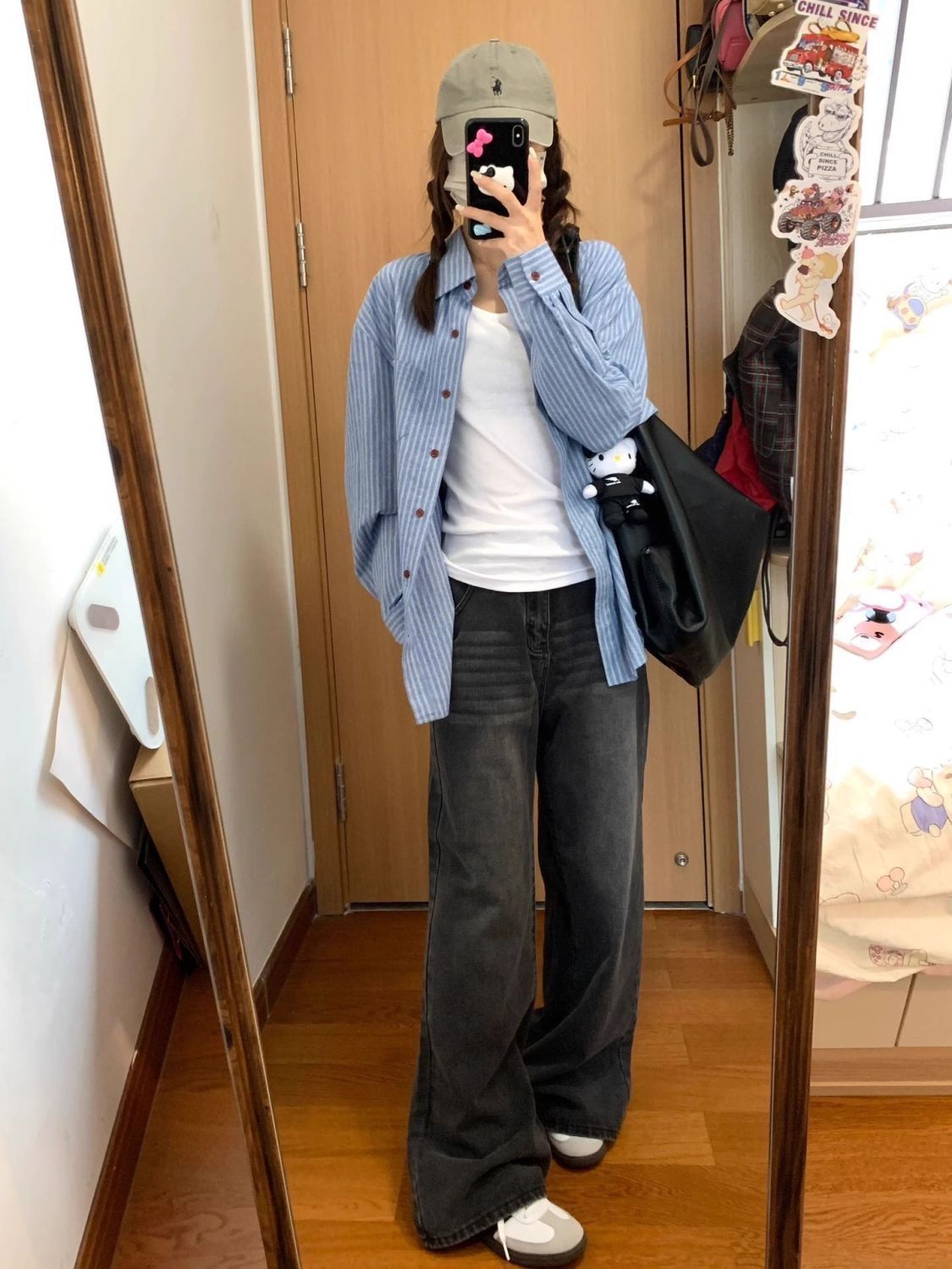 水洗復古黑灰色高腰牛仔褲女小眾2023秋冬季寬鬆休閒直筒闊腿褲子