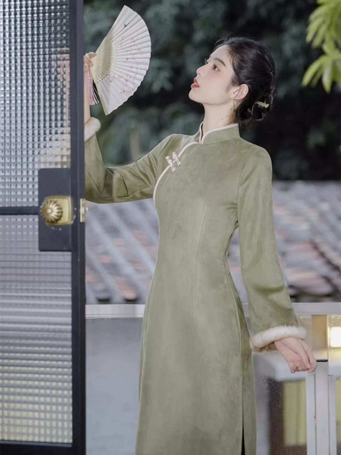 2023年秋冬款新中式女裝中國風優雅抹茶綠復古改良旗袍氣質連衣裙