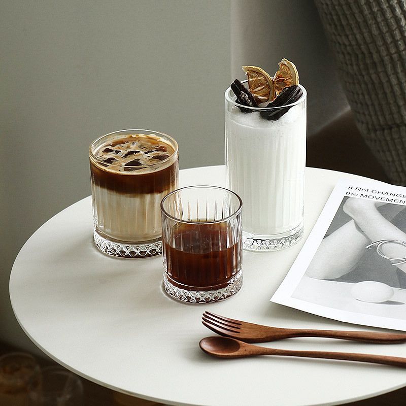 新款风咖啡馆美式拿铁冰咖啡杯冷萃摩卡古典复古家用条纹玻璃杯子