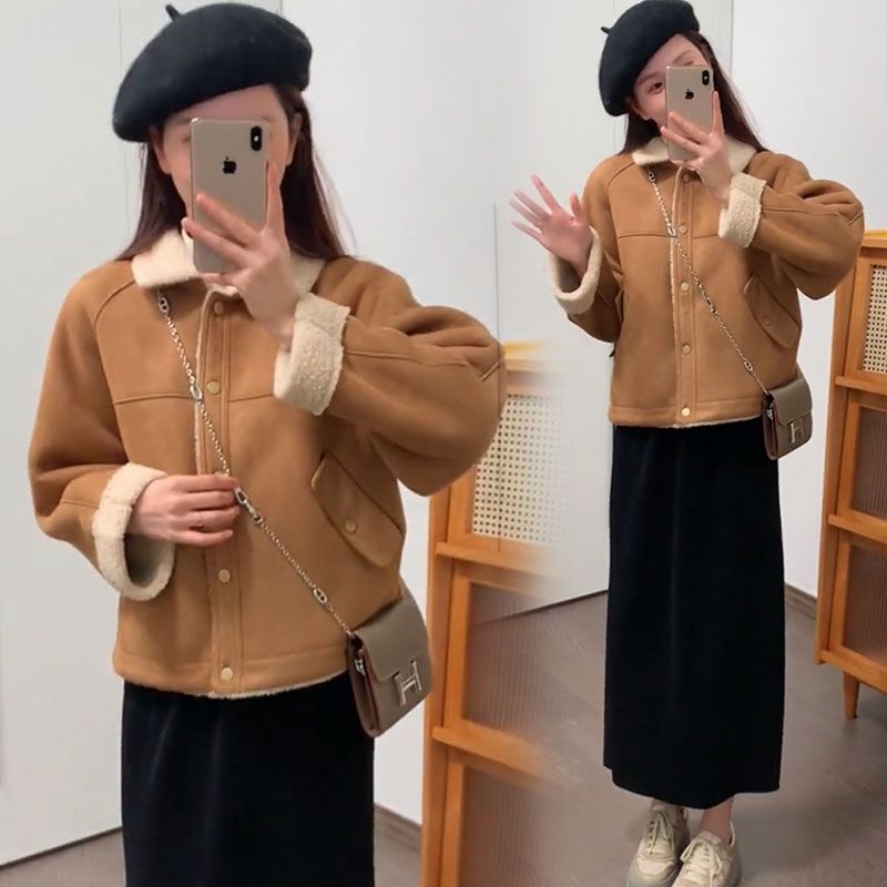 藍海奕諾百搭短款皮毛一體外套女2023冬新款小個子加厚羊羔毛上衣