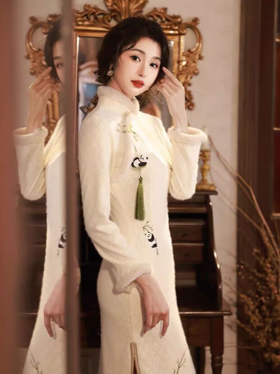 冬季加厚長袖旗袍2023年新款復古中國風年輕款淑女溫婉氣質連衣裙