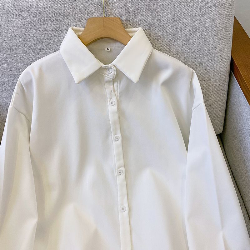 POLO领白色衬衫女冬季新款加绒加厚长袖衬衣简约休闲内搭打底上衣
