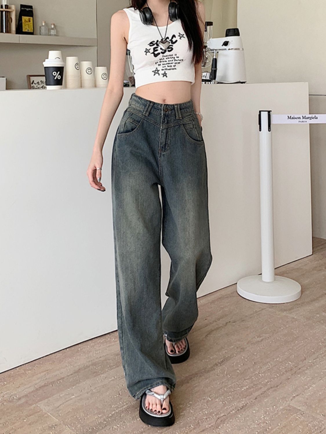 懷舊藍闊腿軟牛仔褲女春秋季寬鬆時尚顯瘦垂感高腰直筒拖地褲長褲