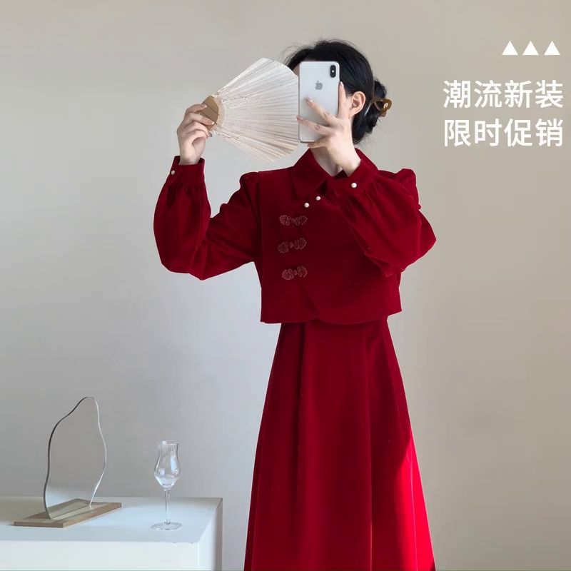 新中式改良旗袍敬酒服新娘紅色回門禮服平時可穿訂婚禮服女裝