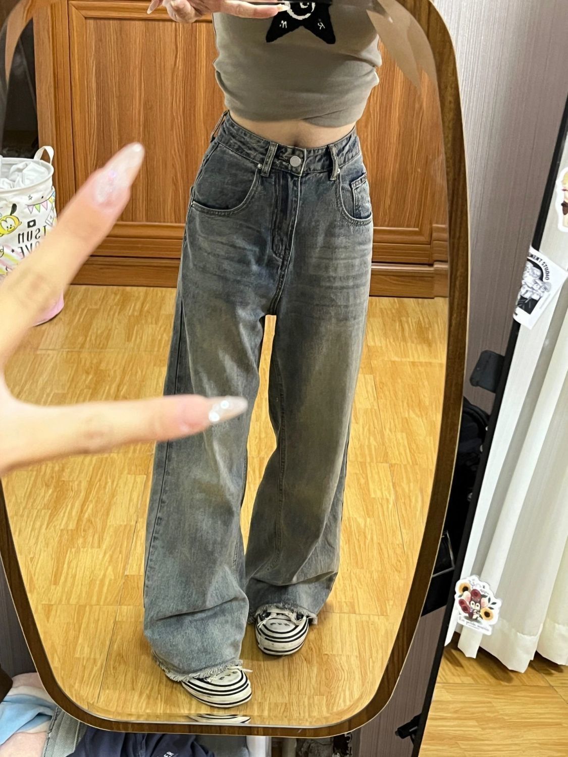 美式復古做舊牛仔褲女秋冬高腰顯瘦2023新款直筒寬鬆闊腿拖地褲子