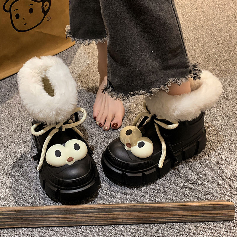 網紅大眼仔雪地靴女冬季加絨加厚保暖棉鞋一腳蹬防滑厚底東北棉靴