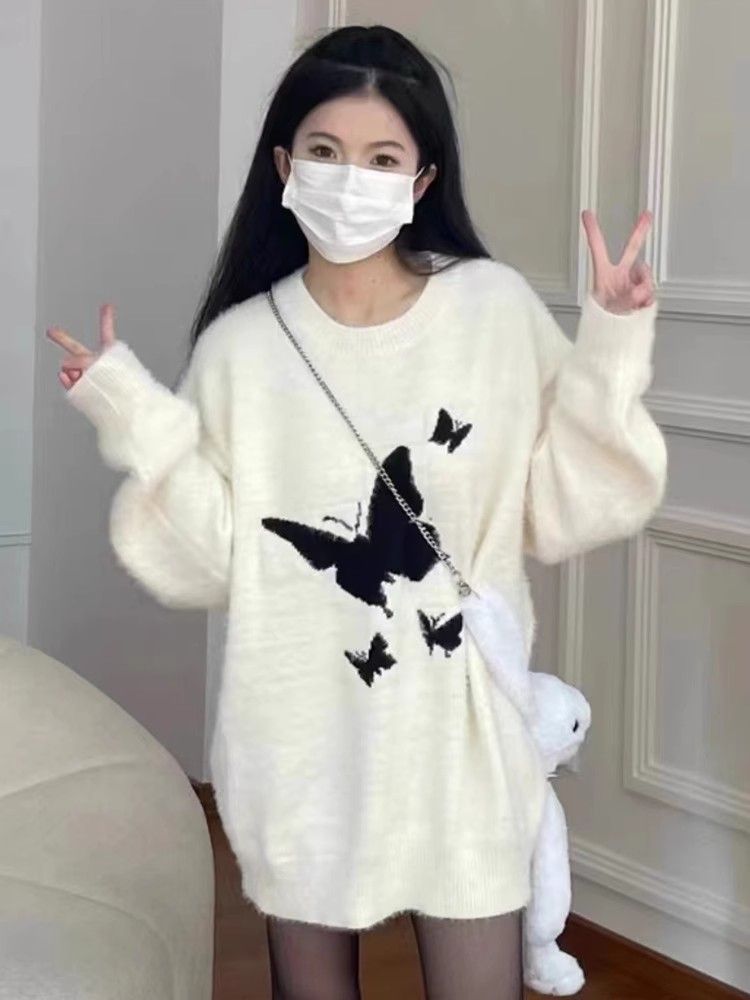 軟糯溫柔蝴蝶慵懶風秋冬新款毛衣女寬鬆復古仿水貂絨甜辣針織衫厚