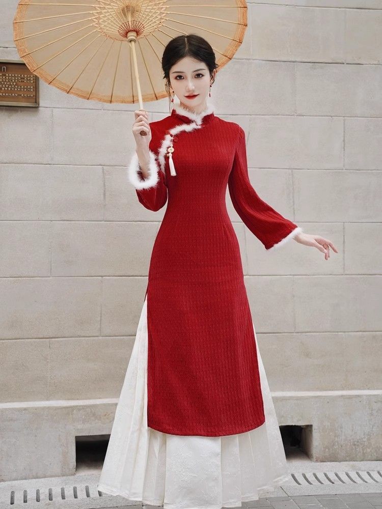 2023 autumn and winter new Chinese style red cheongsam improved young girls retro national style high-end elegant toast clothing
