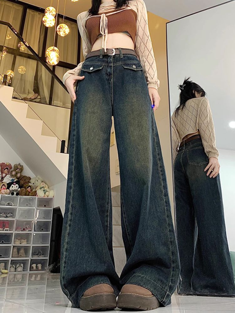 美式復古大闊腿牛仔褲女秋季新款高腰寬鬆顯瘦百搭直筒拖地褲子潮