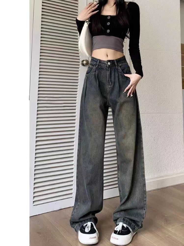 高腰復古直筒牛仔褲女秋冬新款做舊拖地長褲美式寬鬆毛邊闊腿褲子