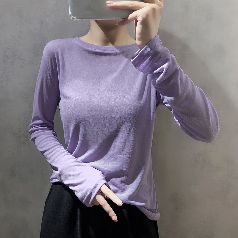 韩国长袖T恤女装2023夏季新款纯色圆领打底衫ins宽松显瘦