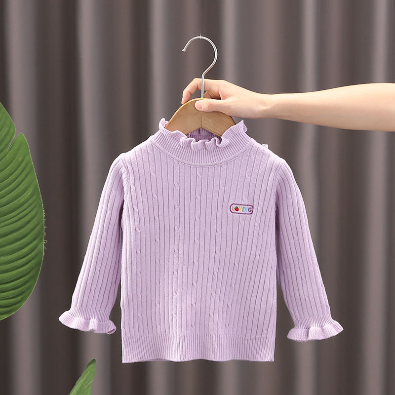 Girls' Sweater Bottoming Shirt Baby Long-Sleeved Sweater Autumn and Winter New Girls' Clothing Pullover Top Solid Color Versatile