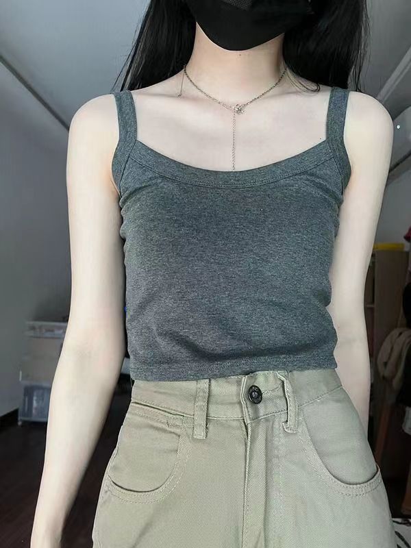 外穿小吊帶女帶胸墊韓版別致美式休閒打底上衣灰色內搭美背背心