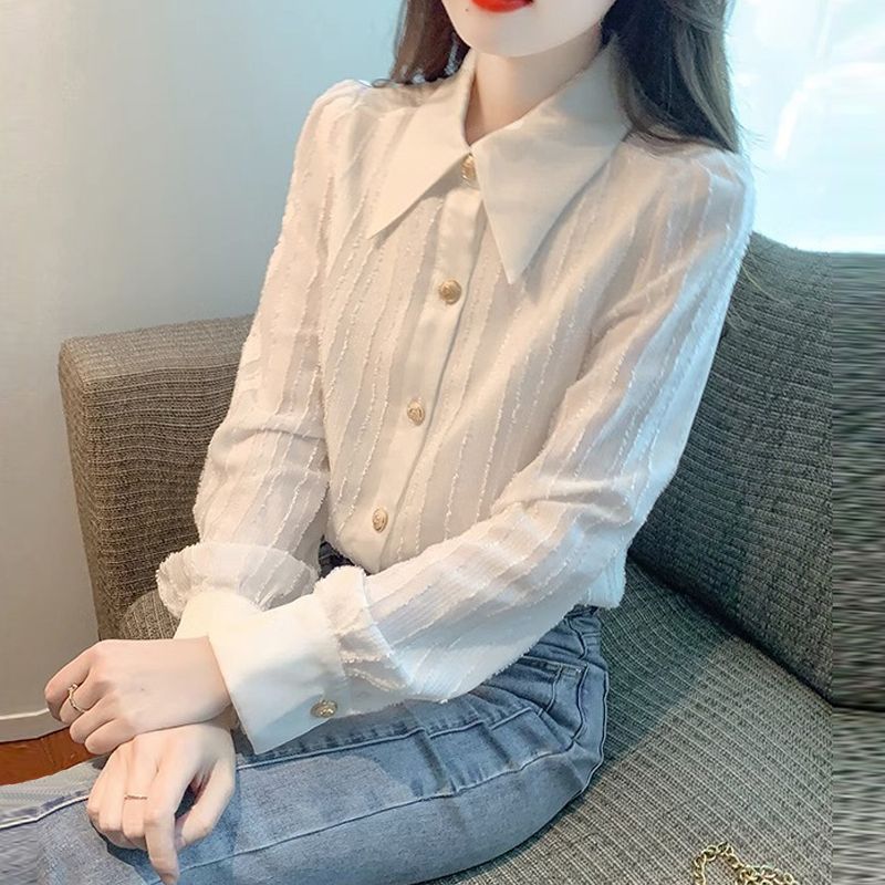 長袖白色雪紡衫襯衣女春秋裝新款設計感小眾簡約風百搭Polo領上衣
