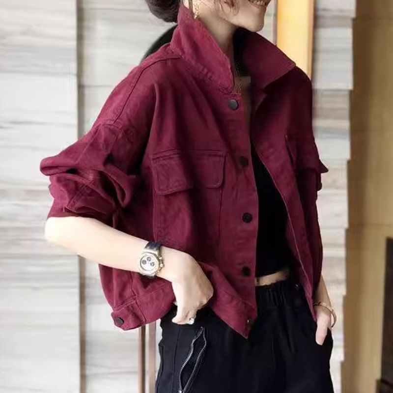 Work style short denim jacket for women in spring and autumn new style fashionable long-sleeved Polo collar jacket top ins trend