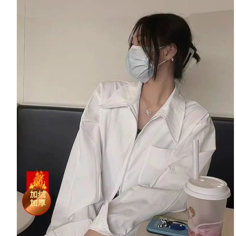 CONGRAZIO寬鬆白色長袖加絨加厚襯衫女秋冬高級感新款休閒襯衣女
