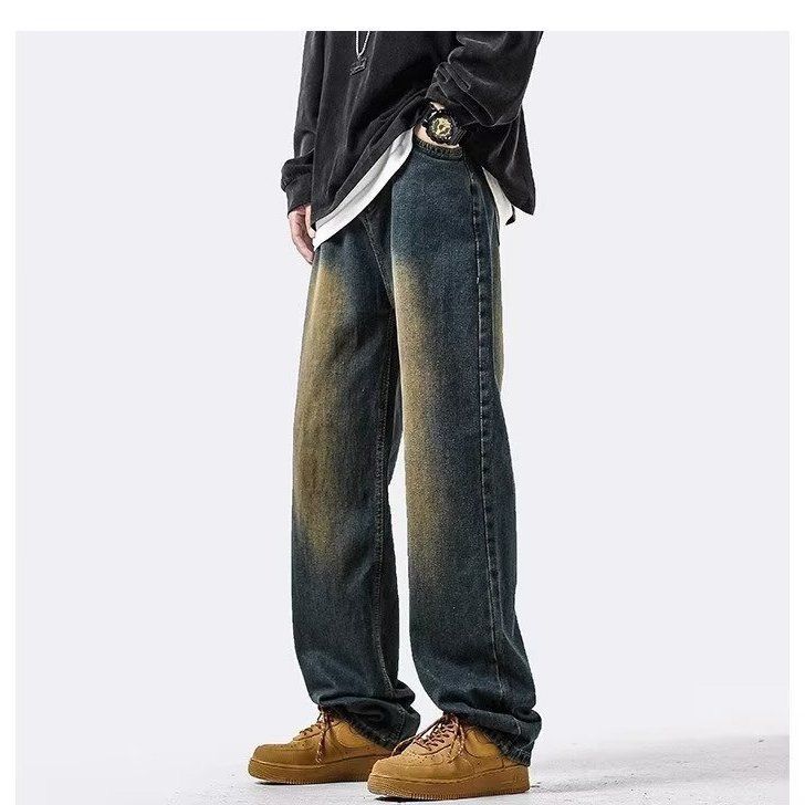 Retro jeans men's  autumn new American trendy brand loose straight trousers casual versatile wide-leg pants