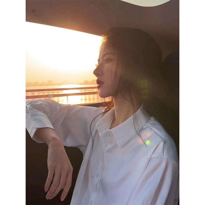 日系基礎款白色襯衫女秋季薄款長袖襯衣外套小眾簡約翻領內搭上衣