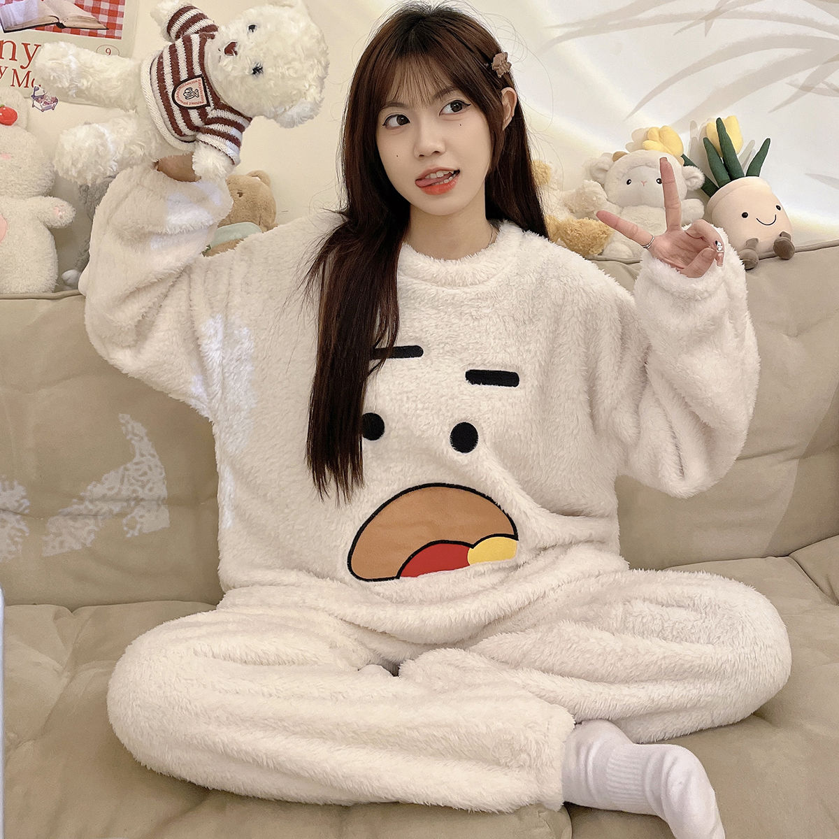 少女卡通印花珊瑚絨冬季新款韓版可愛學生加絨加厚長褲家居服套裝